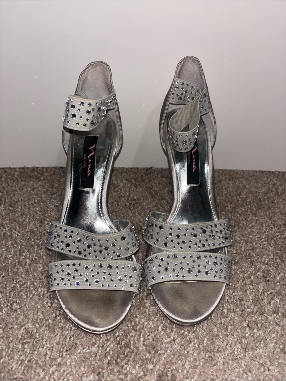 Nina Silver Crystal-Strap Open-Toe Heels